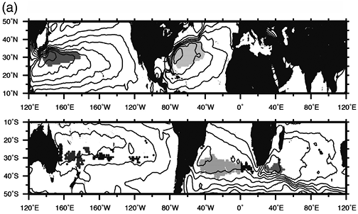 Two panel map showing the distribution of subtropical mode water mass areas in regional ocean basins. Contour lines outline STMW extent, with shaded regions indicating higher concentrations, displayed separately for the Northern/Southern Hemispheres.