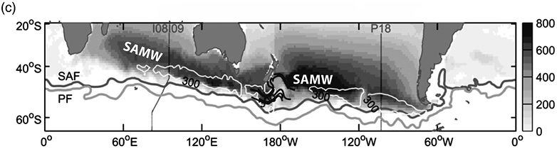Map showing subantarctic mode water formation north of the Subantarctic Front and Antarctic Circumpolar Current. Shading indicates annual mean SAMW thickness in metres, with contour lines marking maximum mixed layer depth (MLD) in metres.