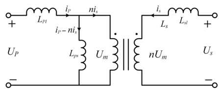Transformer equivalent circuit showing magnetizing and leakage components with voltage and current labels. See long description.