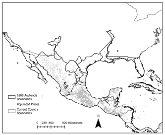 Map showing population distribution in Mexico, highlighting populated places in 1808 concentrated in central Mexico’s Audiencia of Mexico.