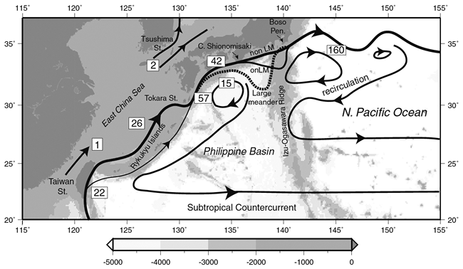 A map that indicates the direction of major maritime currents and recirculations south of Japan as black arrows. Depth of the ocean is indicated with different scales of gray.