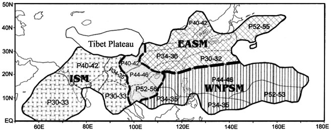 A map showing the geographical extent of the Asian Monsoon, overlaying a map of East and South Asia. The Monsoon region is subdivided into three major regions: EASM, WNPSM, and ISM.