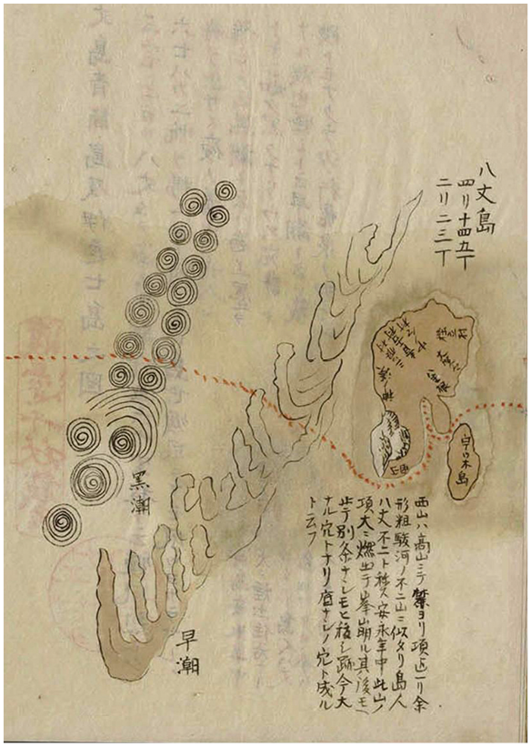A drawing of maritime currents, represented as a sequence of dark gyres and a wall of tall waves. The drawing also features the island of Hachijo on the right and a dotted shipping lane that crosses the current.