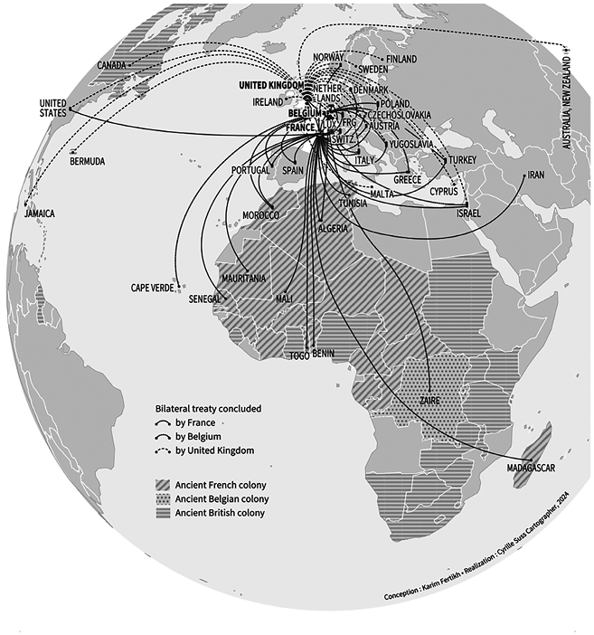 Global map showing colonial networks in 1974. Highlights include ancient French, Belgian, and British colonies. Bilateral treaties are marked with lines connecting various countries. See long description.