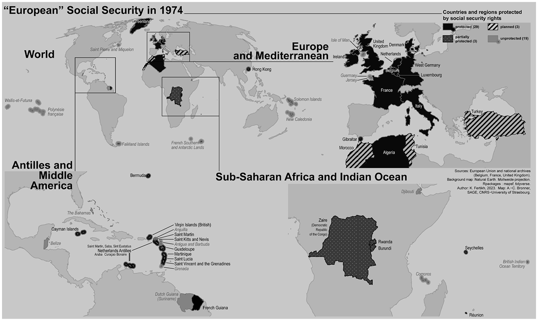 Map showing global distribution of ‘European’ social security rights in 1974. Highlights regions with varying degrees of social security rights across Europe, Mediterranean, Sub-Saharan Africa, Middle East, and other areas. See long description.