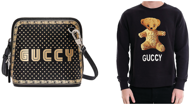 A photo in a 3 D view shows a Gucci bag and a person wearing a sweatshirt. The bag has silver embellishments and the word Gucci printed on it. The sweatshirt has a silver teddy bear graphic and the name spelled as G U C C Y below it.