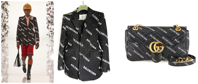 A photo in a 3 D view presents a model who wears a Balenciaga blazer with repeated logo on the left, same blazer on a hanger in the center, and a quilted Balenciaga handbag with the same logo on the right.