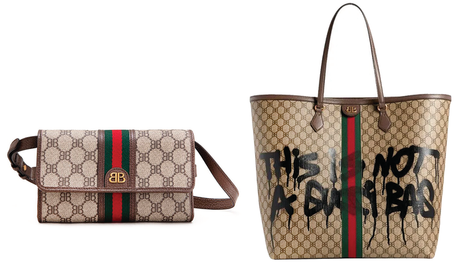 A photo of a cross-body style bag and a larger tote bag. See long description.