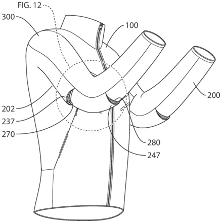 A technical drawing from a patent application depicts a jacket. It shows a unique sleeve design, which is marked with a dotted circle. Various numbers including 202, 237, 270, 100, 200, 280, 247 and 300 are indicated at different parts of the jacket.