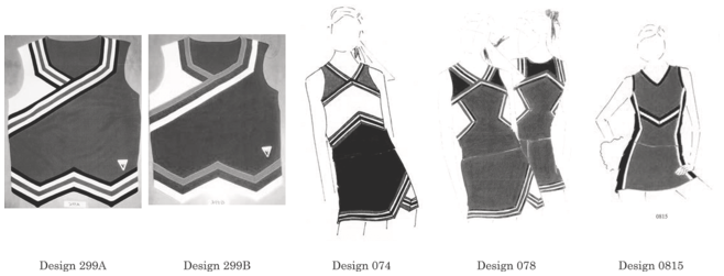 A set of photographic representations or line drawings present four different designs for cheerleading outfits. The designs vary in the color schemes and patterns of the stripes. Each design is labeled with a unique design number.