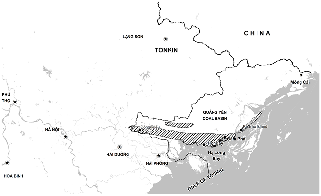 A map of the Quảng Yên coal basin in Tonkin, which ran from the west of Quảng Yên province to Kế Bào Island in the east on the Gulf of Tonkin, passing through major coal mines including Hongay, Cẩm Phả, Đông Triều, and Kế Bào.