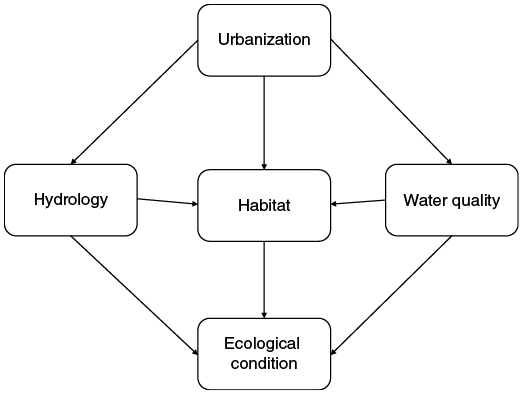 Flowchart illustrates the impacts of urbanization on aquatic ecosystems. Key elements include hydrology, habitat, and water quality, all influenced by urbanisation and affecting ecological condition.