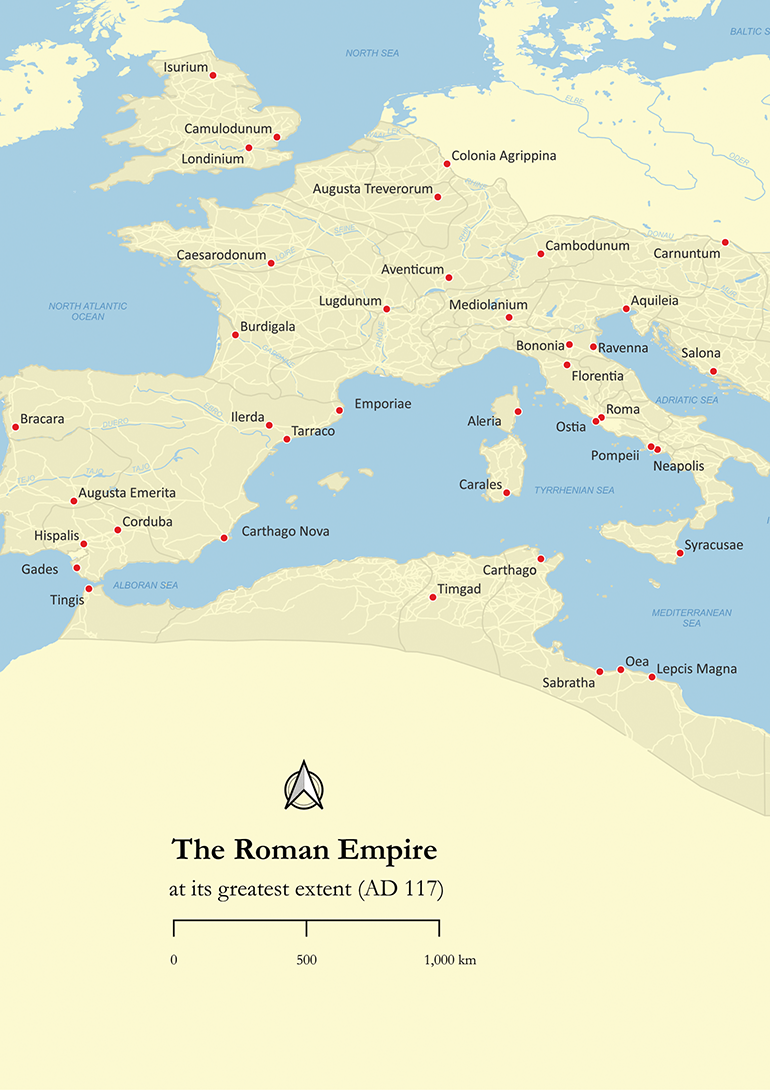 Map showing the Roman Empire at its greatest extent in Anno Domini 117, highlighting key cities including Palmyra. See long description.