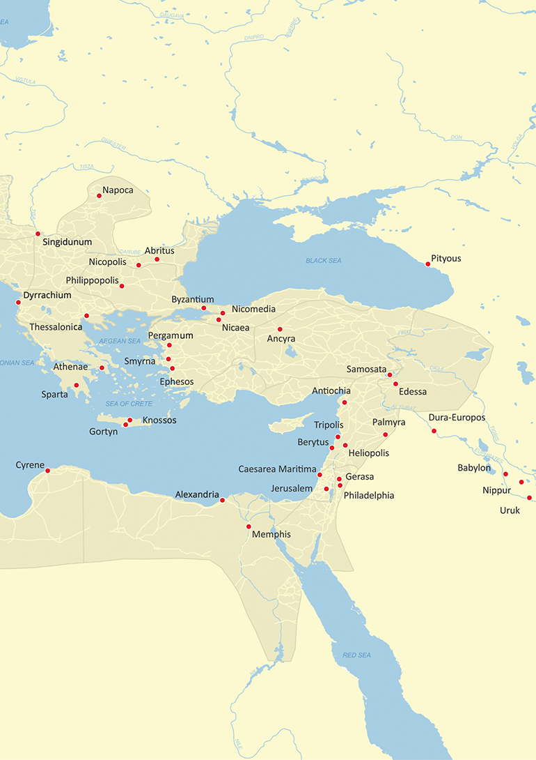 The continuation of a map showing the eastern Roman Empire and surrounding regions, highlighting key cities including Palmyra. See long description.