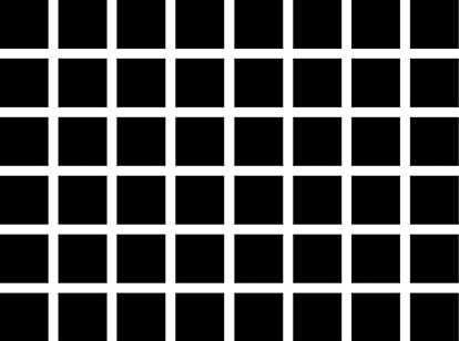 A black-and-white grid of intersecting horizontal and vertical lines creates an optical illusion. Faint gray dots appear at the intersections but disappear when directly viewed. This effect is known as the Hermann grid illusion.