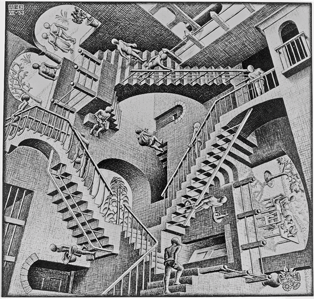 A black-and-white lithograph by M.C. Escher shows an impossible structure with staircases extending in multiple directions. Figures walk on different planes, defying gravity. The scene includes archways and geometric patterns.