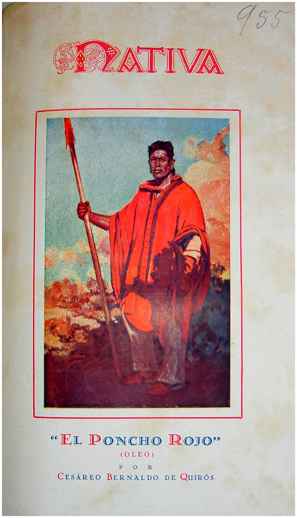 An oil painting of an Indigenous man standing with a long spear in one hand, wearing a poncho, trousers, and sandals. He is set against a rural background painted in an impressionist style.
