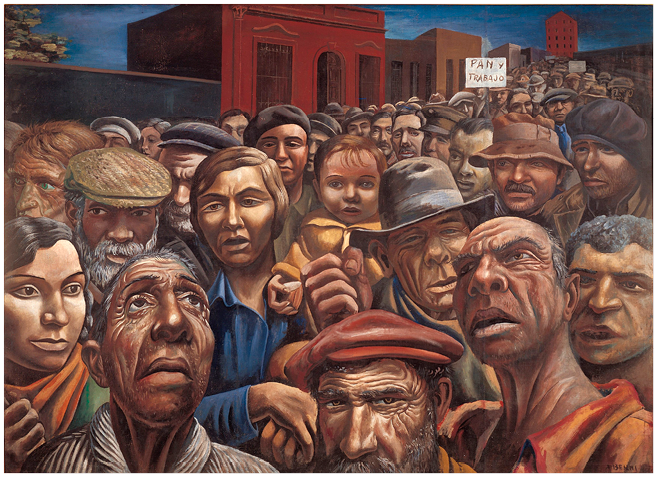 A large mass of working-class people is marching down an urban street. Detailed depictions of care-worn, weathered faces fill the foreground; one woman holds a small child. Above a sea of heads in the background, a banner says Bread and Work.