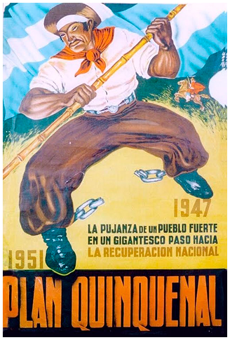 A muscular man in typical Argentine gaucho dress stands legs akimbo, grasping the pole of a national flag. See long description.