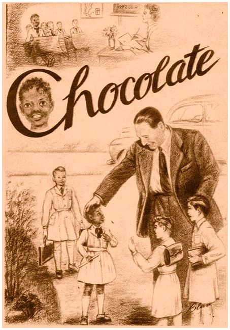 The word Chocolate traverses the page. Juan Perón stands among four children in school uniform, carrying satchels. He smiles and caresses the head of one boy, who is the only Afro-Argentine among them. See long description.