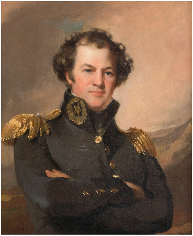 A painting of Alexander Macomb in formal military dress. His dark coat has a high collar embellished with a star and wreath, ornate golden epaulets, and brass buttons.