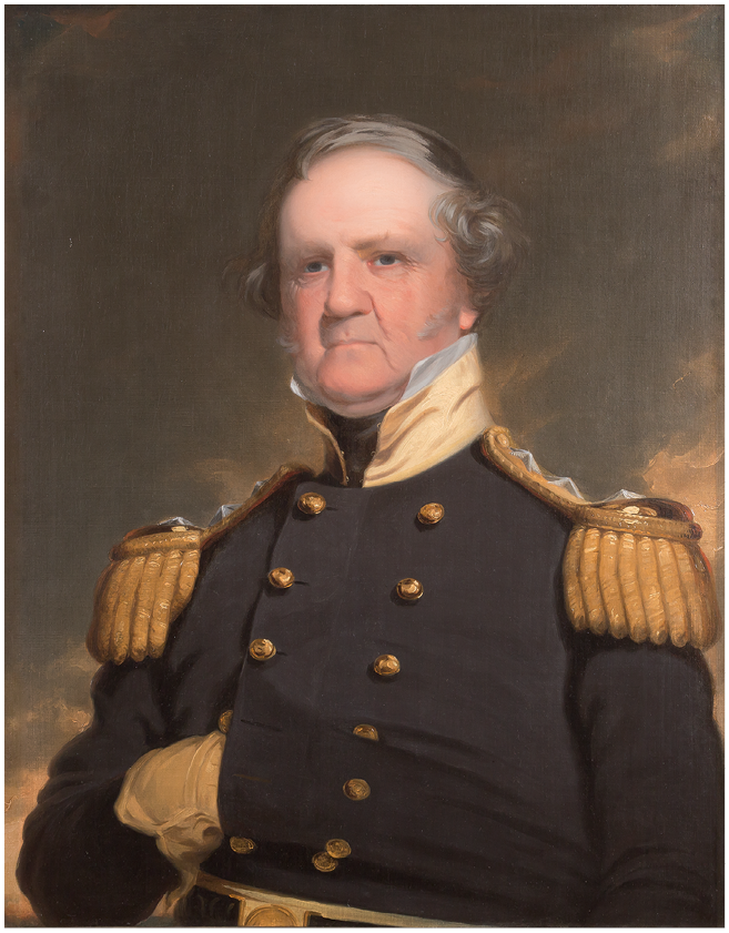 A painting of Winfield Scott in old age wearing formal military dress. His dark coat has a high collar of golden silk, ornate gold epaulettes with three silver bullion stars on each side, and double rows of brass buttons.
