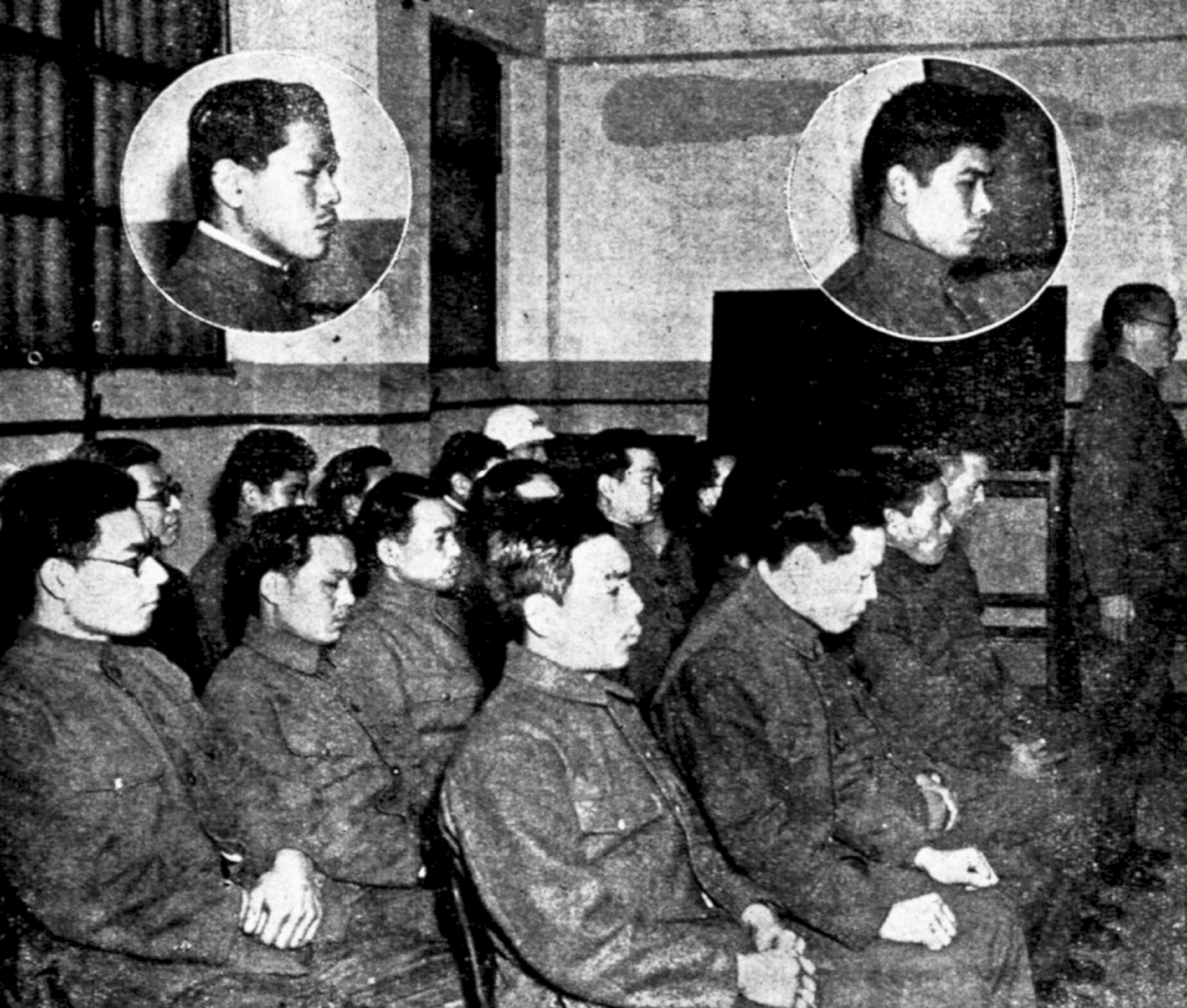 A group of Japanese military personnel sits in court, awaiting their sentence from the U.S. military court in Shanghai. See long description.