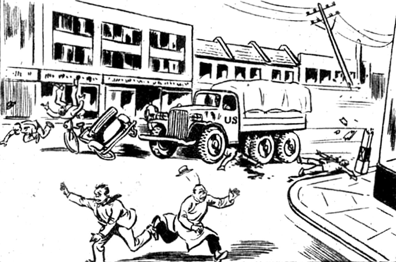 A drawing of a U.S. military truck crashing into telephone poles, pedestrians, and vehicles, resulting in Chinese civilians dying, being injured, and fleeing in terror.