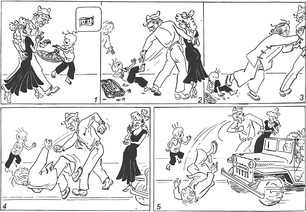 A cartoon strip depicts Sanmao trying to sell flowers on the street and encounters an American sailor who casually picks a flower from his basket without paying and walks away with a fashionable Chinese girl in his arms. See long description.