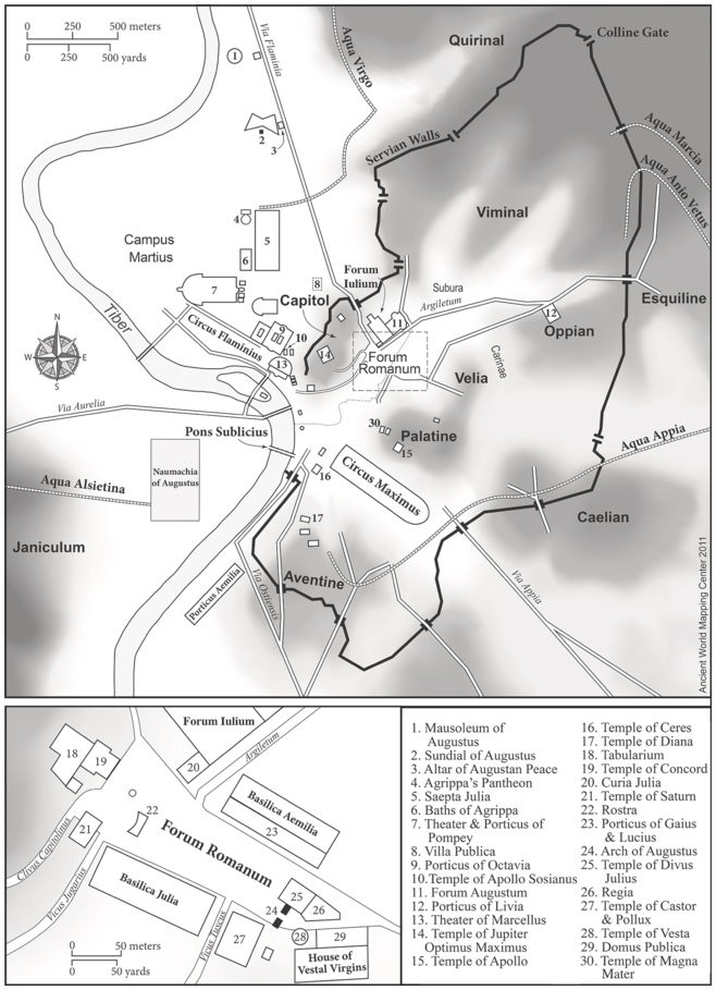 A plan of the city of Rome with a detail of the Roman Forum below. The main plan shows Tiber River to the west of the Capitol and the roughly oval circuit of the Servian Walls to the east. Main buildings labeled or numbered. See long description.