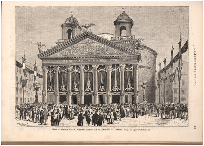 An engraving of the Pantheon exterior shows a crowd gathered in front of it with tall poles festooned with banners around the piazza. On the pediment, a winged figure is at the center of an indistinct scene.