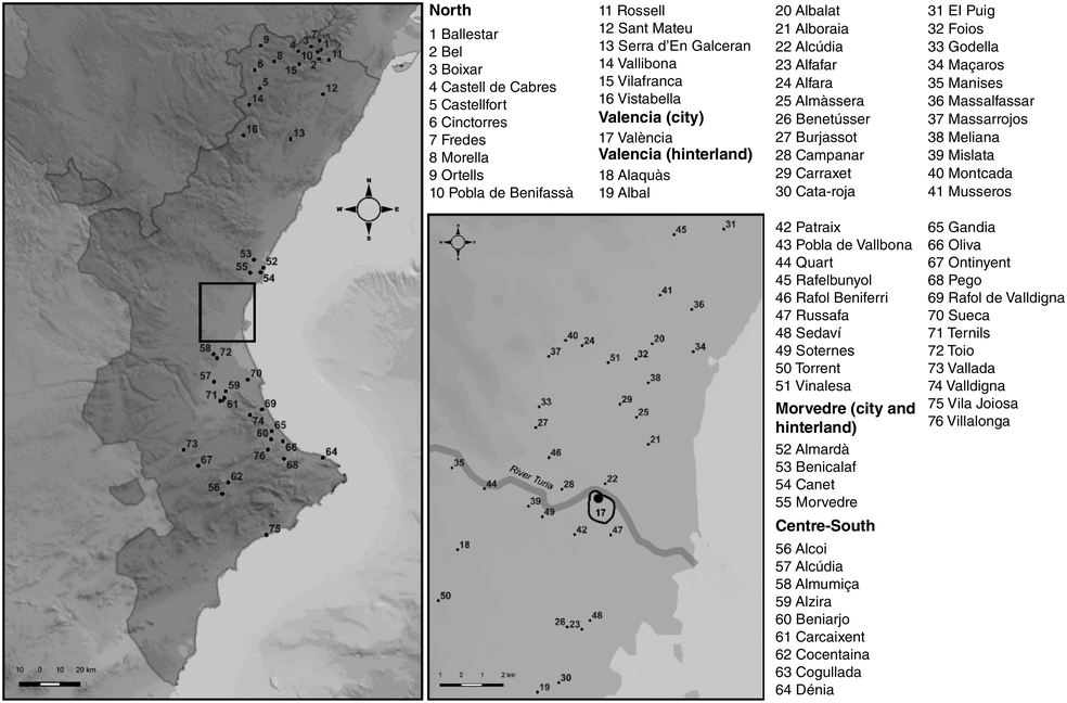 A map of eastern Iberia, focusing on the Kingdom of Valencia. It shows numbered locations with a detailed legend identifying the places where the peasants lived. A zoomed-in section highlights the area around the Turia River and Valencia city.
