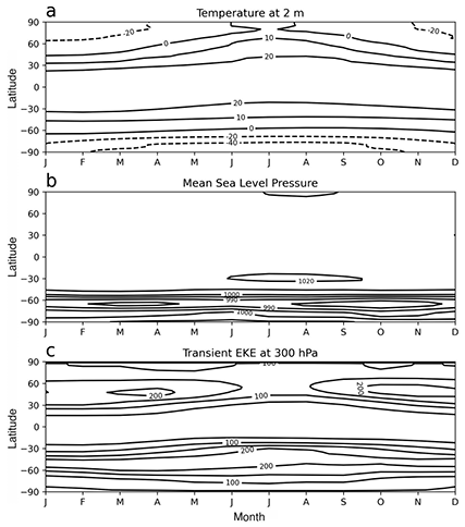 Hovmöller graphs illustrating zonal mean climatology of temperature at 2 metres, sea level pressure and eddy kinetic energy at 300 hPa. The y-axis shows 90 south to 90 north latitude and x-axis monthly means from January to December.