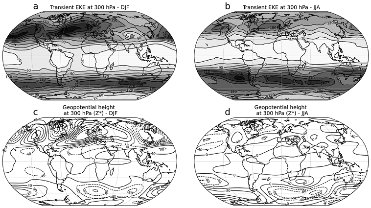 Four global maps showing transient eddy kinetic energy and deviation from zonal mean of geopotential height at 300 hPa averaged for austral summer and winter. See long description.