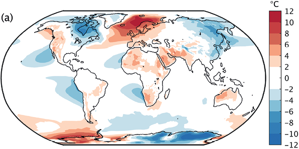 Global map depicts the deviation of the annual mean surface air temperature. See long description.