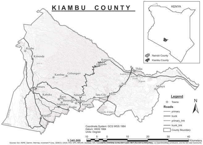 A location map of Kiambu County and Nairobi County in Kenya with an expanded map of Kiambu County marking the various roads and towns. See long description.