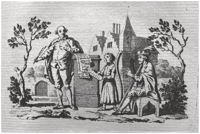 An engraving showing Shakespeare in eighteenth-century clothes, with a quill in hand and broadsheets in front of him, listening to a harpist accompanying a child who is singing from a broadsheet ballad.
