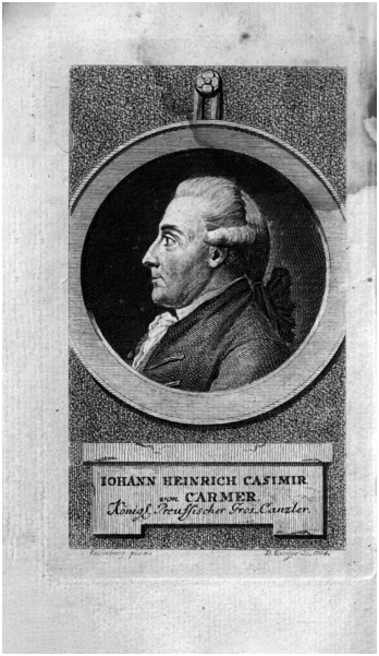 A photo of the front page of Berlinische Monatschrift with the side portrait of Johann Heinrich Casimir von Carmer within a circular frame.