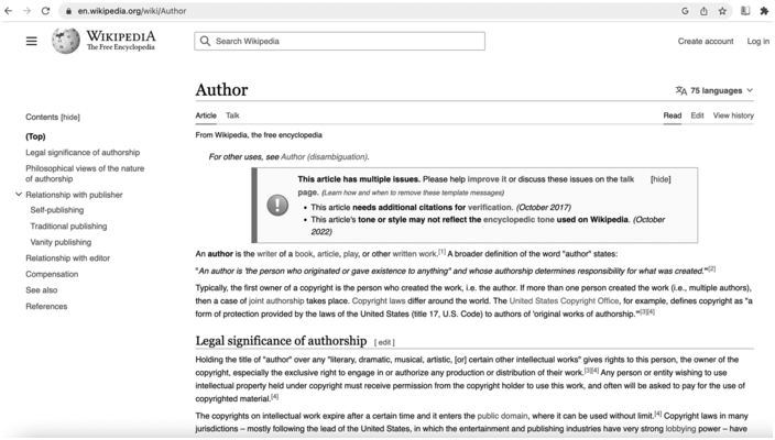 A screenshot of the author page of Wikipedia. It has a text box cautioning about the issues in the article, a paragraph briefing about the legal significance of authorship below, and a contents panel on the left.