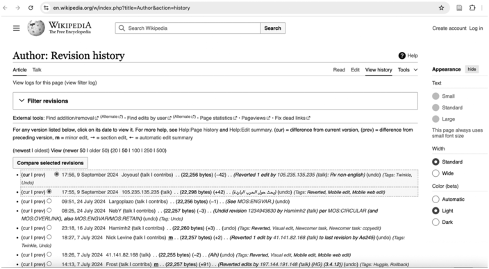 A screenshot of the Wikipedia author page revision history. It has a dropdown box to filter revisions and a clickable list below to compare them. The list includes the date and time of the last revision, the file size, and the reverted edits details.