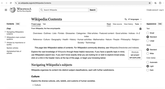 A screenshot of the Wikipedia contents page featuring an overview on how to navigate the page using the 12 subject classifications including health, religion, mathematics, and technology. The beginning lines of the subject, culture, follow below.