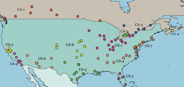 A map of the U.S. and Southern Canada. Cities are displayed as points on the map and the color of those points represents their region. Another label provides the name of the region; thus, the yellow dots in the center of the US are labelled as US-8.