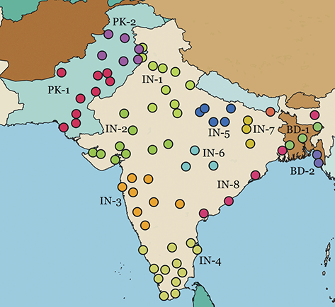 A map of Regional Dialects in South Asia. Cities are shown by points corresponding to the location of those cities; the color of each point corresponds to its region, with regions also shown by labels.