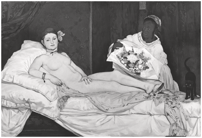 A painting of a nude woman on a bed, staring out at the viewer. She is attended by a maid holding a bouquet. A black cat stands at the foot of the bed.