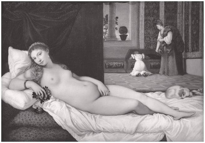 A painting of a nude woman on a bed, staring out at the viewer. Behind her a maid watches a young girl open a chest. A dog sleeps at the foot of the bed.