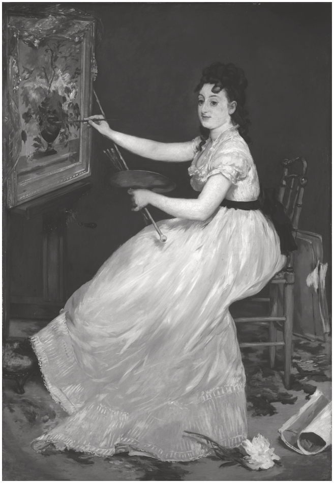 A painting depicts an artist seated on a chair in a studio, her arms reaching toward an easel as she works on a still life painting of flowers.