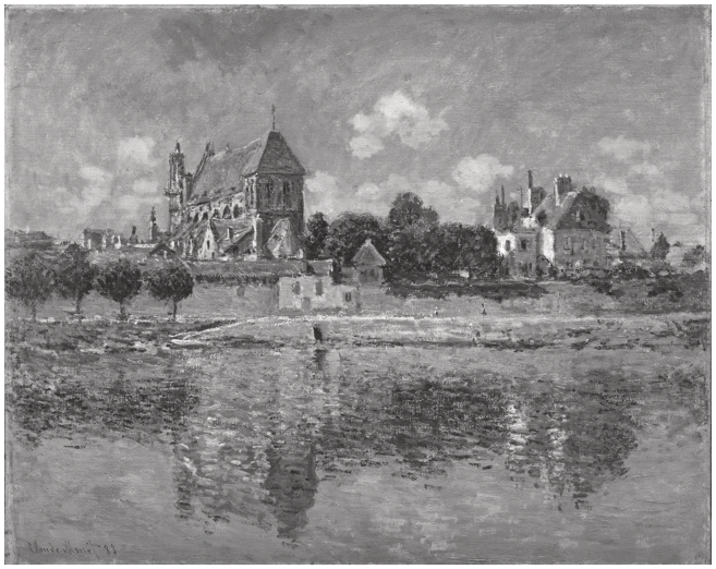 A painting depicts a riverbank scene with a church and trees situated on the bank, their reflections visible in the water.