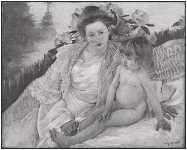 A painting of a woman and child sitting on a white blanket surrounded by flowers.