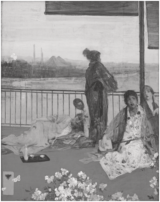 A painting of four women in kimonos on a terrace. One woman looks out across the river from the balcony, the others recline.