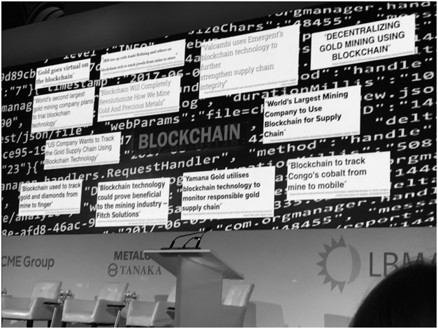 A presentation slide from London Bullion Market Association Precious Metals conference, 2018, showing different projects using blockchain in gold mining and markets.